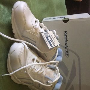 NWT, 6.5 white Reebok trainers, light blue accents
